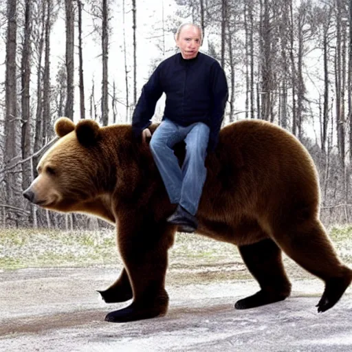 Prompt: vladimir putin riding a bear and holding a ak - 4 7