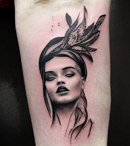 Image similar to tattoo design sketch of an extremely beautiful woman face with a faded background of stunning mountain view on her side, hyper - realistic, in the style of matteo pasqualin, amazing detail, black and white, faded