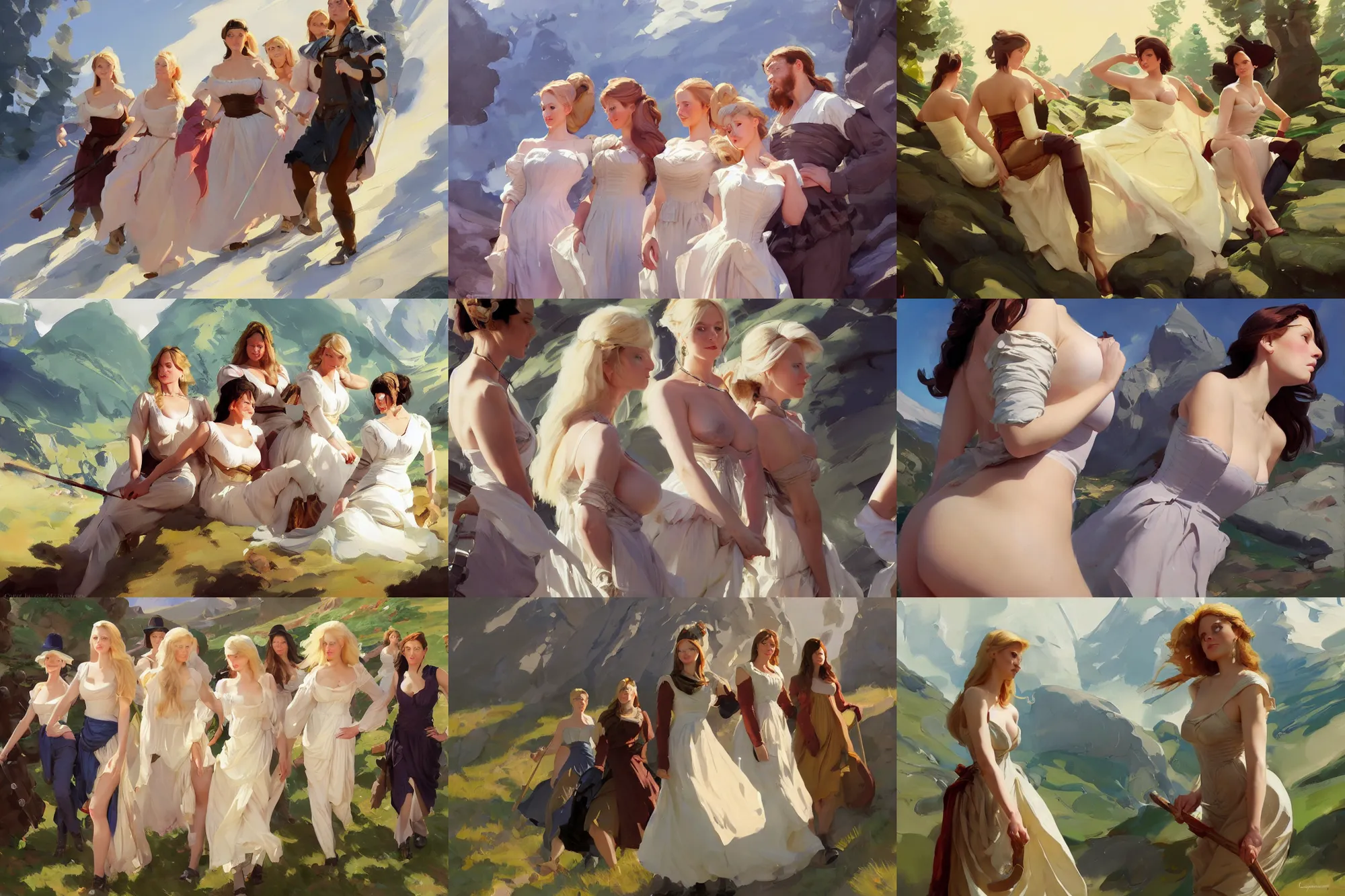 Image similar to five of beautiful finnish norwegian swedish scandinavian attractive glamour models wearing 1 7 th century bodice with low neckline walking in the mountains in a sunny day, jodhpurs greg manchess painting by sargent and leyendecker, studio ghibli fantasy close - up shot asymmetrical intricate elegant matte painting illustration hearthstone, by greg rutkowski by greg tocchini by james gilleard