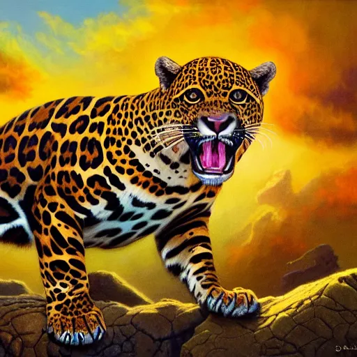 Image similar to graceful jaguar in summer nigt, acid colours, oil paint on canvas, sharp textures, biotechnology, nikolay georgiev, alex ross, bruce pennington, donato giancola, larry elmore, masterpiece, trending on artstation, featured on pixiv, cinematic composition, sharp, details, hyper - detailed, hd, hdr, 4 k, 8 k