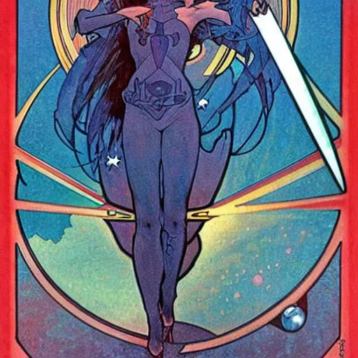 Image similar to Scissor Starfighter, by Moebius and Alphonse Mucha