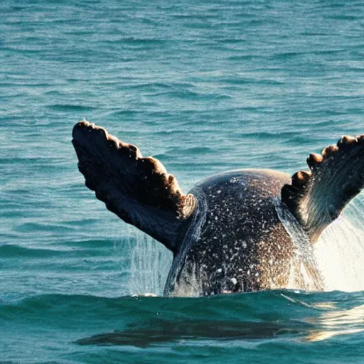 Image similar to a turtle riding a whale in the sea , photo