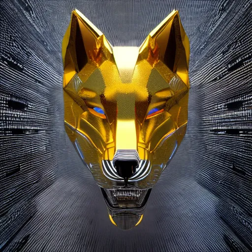 Prompt: chrome and gold wolf, glossy, metallic, neon, symmetrical, tribal patterns, realistic, unreal engine, octane, redshift, artstation, behance