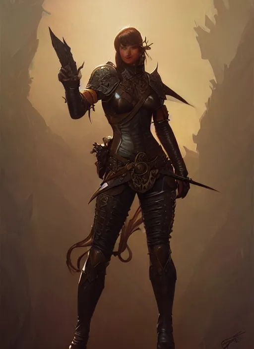 Image similar to a fantasy setting hunter in leather armor, highly detailed, digital painting, artstation, concept art, smooth, sharp focus, illustration, art by artgerm and greg rutkowski and alphonse mucha