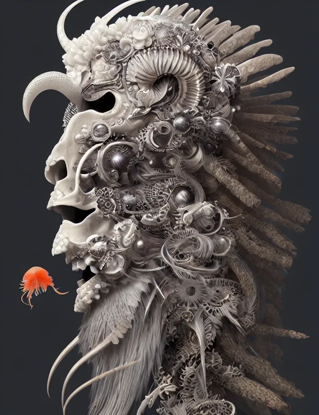 Image similar to 3 d goddess close - up profile portrait ram skull. beautiful intricately detailed japanese crow kitsune mask and clasical japanese kimono. betta fish, jellyfish phoenix, bio luminescent, plasma, ice, water, wind, creature, artwork by tooth wu and wlop and beeple and greg rutkowski