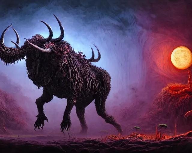 Prompt: a theriomorphic holobiont, mushroom, concept art, mycorrhiza, bull god with horns, moon, translucidluminescence, iridescent, intricate, kim jung gi, james jean, horsley, organic detail, cinematic, epic wide shot, ultra detailed, sharp focus, smooth, global illumination, photorealistic, 8 k render