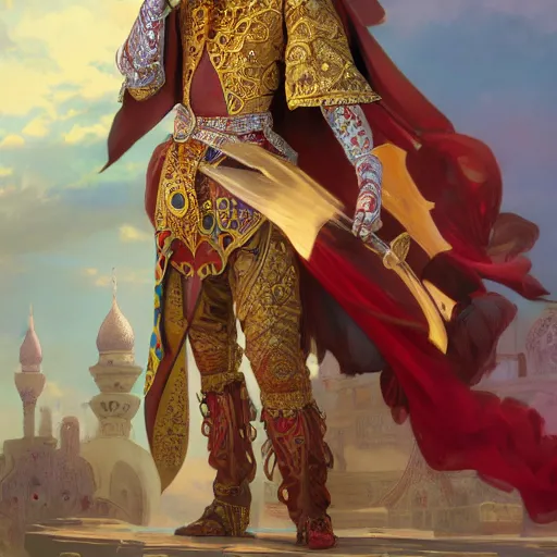 Prompt: charming arabian ( ( ( tailor ) ) ), dressed in fine colorful robes and jewelry over fantasy armor, goatee, smirking, holding a magic needle and spool, fantasy art by barret frymire and artem priakhin and wenjun lin and greg rutkowski and alphonse mucha, artstation, matte, illustration, intricate, highly - detailed high resolution