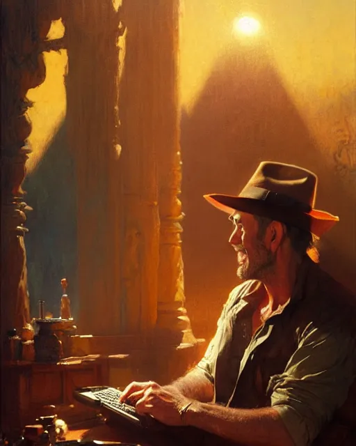 Image similar to attractive 4 5 year old man watching the movie indiana jones on his desktop computer, watching the screen gleefully, golden hour painting by gaston bussiere, craig mullins, j. c. leyendecker