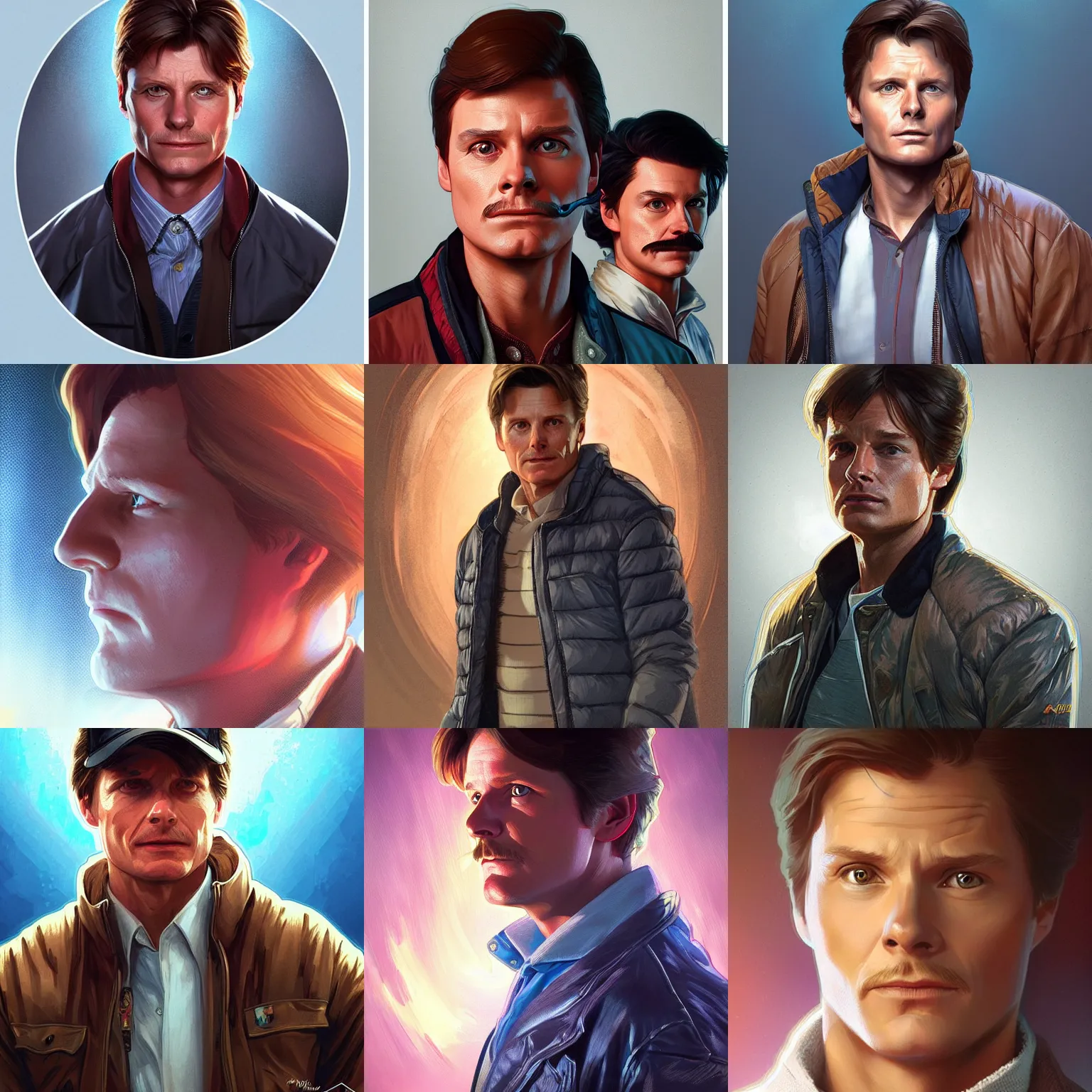 Prompt: Marty McFly with a mustache, portrait, highly detailed, digital painting, artstation, concept art, sharp focus, illustration, art by artgerm and greg rutkowski and alphonse mucha