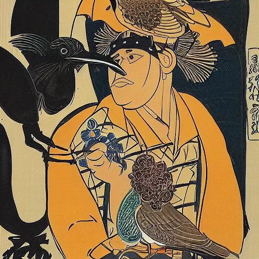 Image similar to A beautiful kinetic sculpture of a man, with an animal skull for a head, and a large bird perched on his shoulder. The man is looking up at the bird with a fierce expression, and the bird is looking back at him with what seems to be an equally intense gaze. vintage Disney by Kunisada