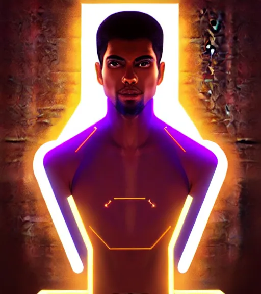 Image similar to symmetry!! egyptian prince of technology, solid cube of light, hard edges, product render retro - futuristic poster scifi, lasers and neon circuits, brown skin man egyptian prince, intricate, elegant, highly detailed, digital painting, artstation, concept art, smooth, sharp focus, illustration, dreamlike, art by artgerm