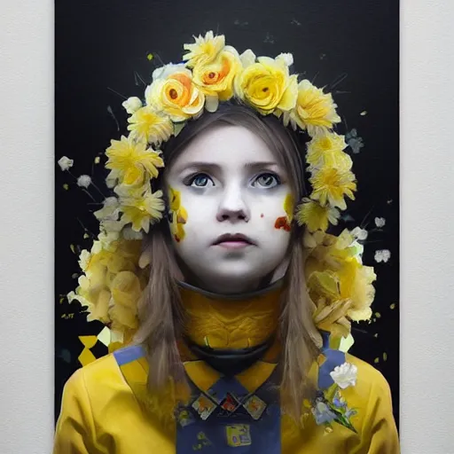 Prompt: Ukrainian girl with a flowers covered into the Ukrainian flag profile picture by Greg Rutkowski, asymmetrical, Organic Painting , Matte Painting, geometric shapes, hard edges, street art, trending on the artstation, graffiti, realistic:2 by Sachin Teng:4, blur: -4