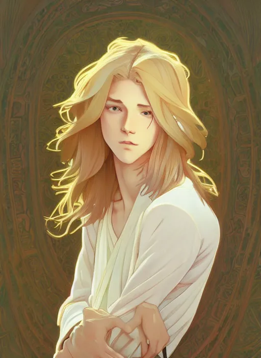 Image similar to pretty young man with shoulder length shiny shimmering golden blond hair, path traced, highly detailed, high quality, digital painting, by studio ghibli and alphonse mucha, leesha hannigan, makoto shinkai, disney