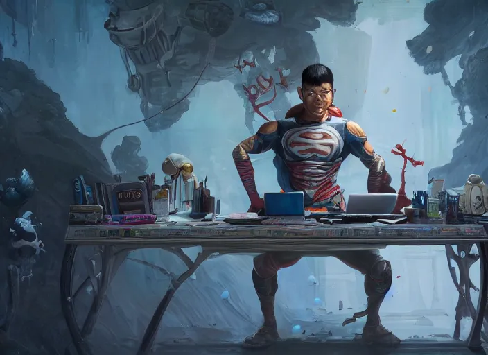 Image similar to an insanely detailed painting of an asian man wearing a homemade superhero costume, sitting at a desk, staring seriously at the computer and typing, in the style of peter mohrbacher, james jean, ruan jia, dramatic lighting and composition, surreal background, octane render, pixar, trending on artstation, concept art, comic book, view from behind, 8 k