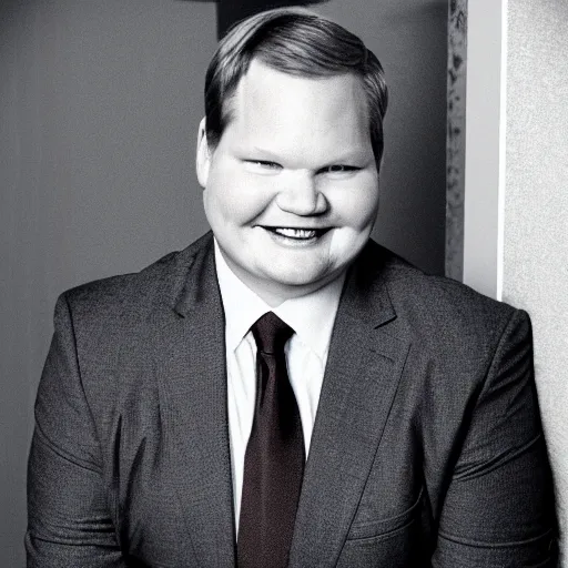 Image similar to Andy Richter is wearing a chocolate brown suit and necktie and is in a bedroom with a window letting in bright morning sunlight. Andy is sitting upright in a bed and is stretching his arm. His mouth his wide open as he yawns.