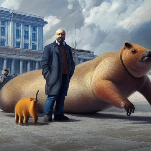 Prompt: an epic painting of lenin petting capybara, oil on canvas, social realism, perfect composition, golden ratio, beautiful detailed, photorealistic, digital painting, concept art, smooth, sharp focus, illustration, artstation trending, octane render, unreal engine