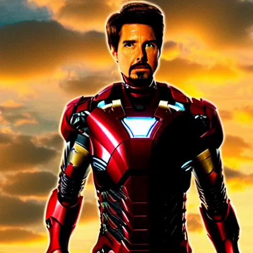 Prompt: promotional image of Tom Cruise as Iron Man in Iron Man（2008）, he wears Iron Man armor without his face, movie still frame, promotional image, imax 70 mm footage