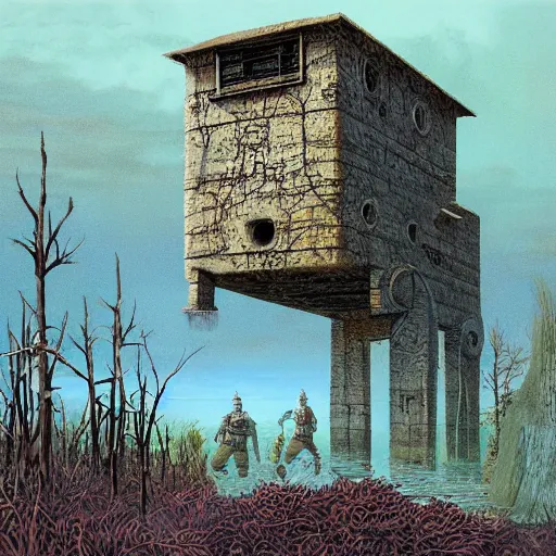 Prompt: pillbox paragonpunk fortress half-sunk in a radioactive Swamp, by Colleen Doran and by Angus McBride and by Ted Nasmith, low angle dimetric rendering, centered, 1-point perspective