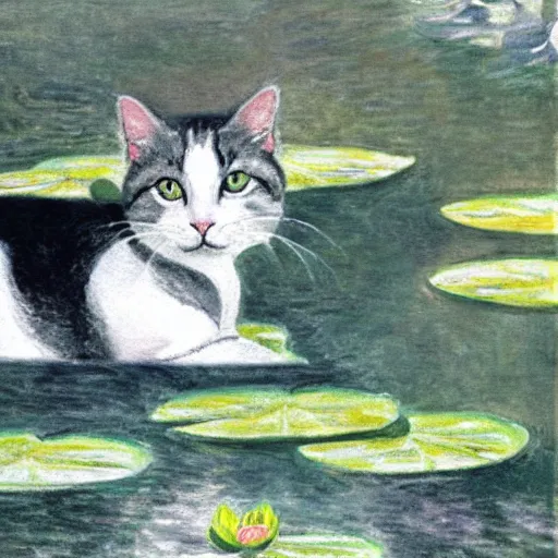 Image similar to a white and grey tabby cat, with a black and grey striped head and white nose, lying on a lilypad floating on a lake, in the style of Water Lilies painting by Monet