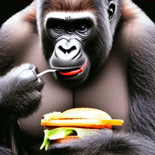 Image similar to realistic detailed sharp 35mm photo of a gorilla eating a burger at McDonald's
