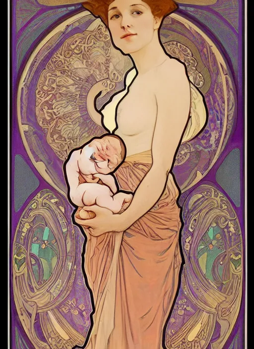 Prompt: an art nouveau painting by alphonse mucha in the style of newborn photography