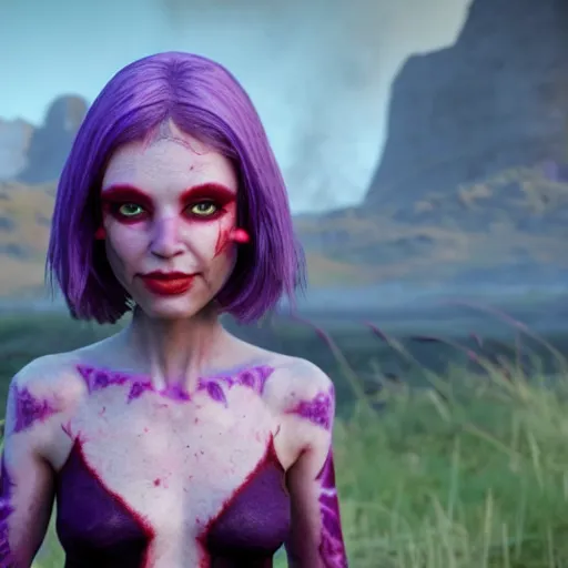 Image similar to a frightening, beautiful elf with violet skin, a scarred face, a bob haircut, and bushy eyebrows, grinning, with a burning vista behind them, in the style of gary frank and rafael albuqurque, rendered in unreal engine