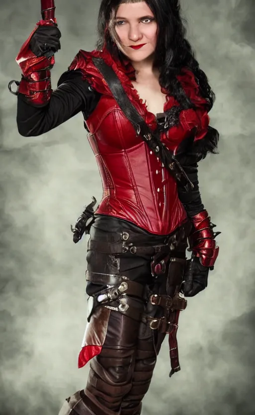 Image similar to epic fantasy d & d female halfling rogue, black hair, red leather corset, cinematic, beautiful lighting, heroic