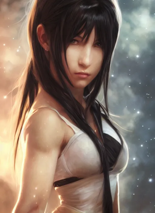 Image similar to portrait of tifa lockhart, final fantasy, cinematic lighting, intricate, elegant, highly detailed, digital painting, artstation, smooth, sharp focus, illustration, art by yoshitaka amano, artgerm and greg rutkowski and alphonse mucha and william - adolphe bouguereau