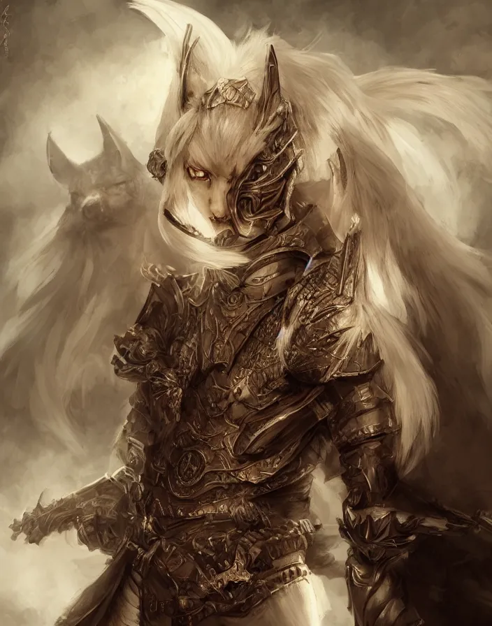 Prompt: an concept art of the kitsune, pale hair, one eye, intricate details, detailed face, detailed armour, artstation, epic pose, ambient light, by rembrandt