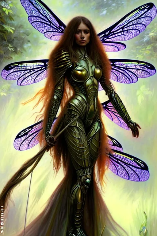 Image similar to photo of a humanoid dragonfly hybrid were a heroic dress an armour with dragonfly wings in the forest, long hair, highly detailed, digital painting, artstation, smooth, sharp focus, illustration, art by artgerm and greg rutkowski and alphonse mucha