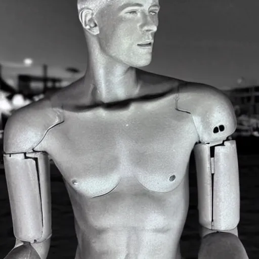 Image similar to “a realistic detailed photo of a guy who is an attractive humanoid who is half robot and half humanoid, who is a male android, Mike the Situation, shiny skin, posing like a statue, blank stare, at the beach, on display”