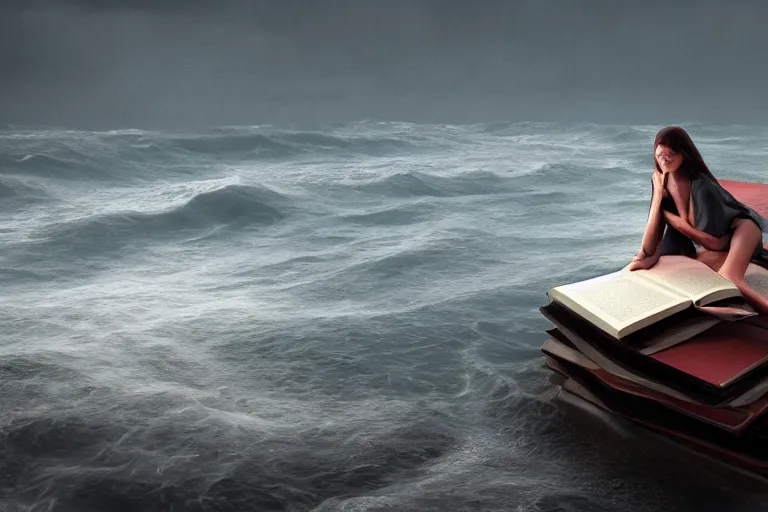 Image similar to A beautiful woman sitting on a giant open book in the middle of the ocean during a storm, dramatic lighting, cinematic, 8k HDR, highly detailed, high quality, octane render, unreal engine 5, path tracing, turbulent sea, concept art, trending on Artstation, dramatic scene