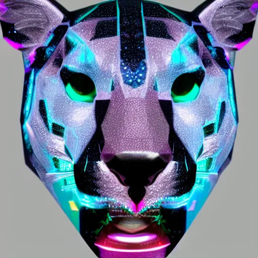 Image similar to face of multifaceted swarovski panther render, rainbow refraction, polished, highly reflective, porcelain, opal, quartz, diamond volumetric lighting, octane render, 8 k, photorealistic, ultra realistic