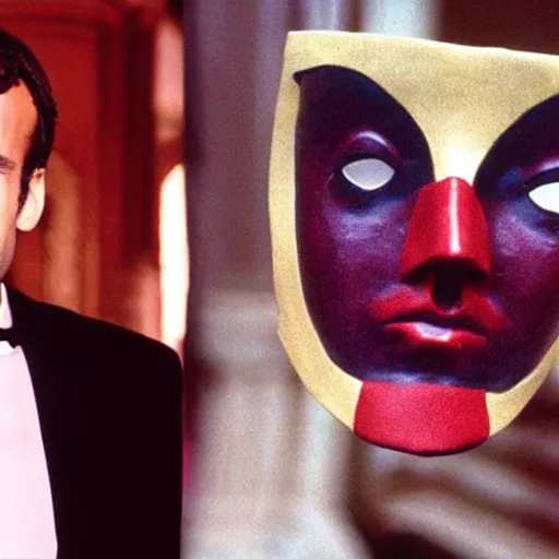 Prompt: Emmanuel Macron wearing a venitian mask, in Eyes Wide Shut (1999)