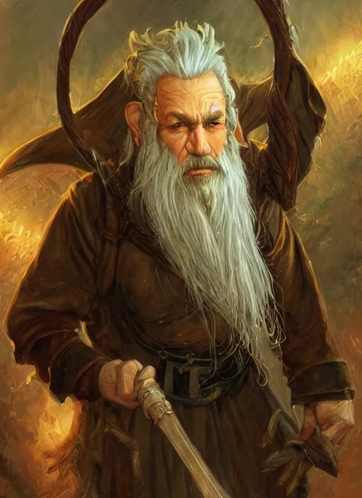 Prompt: a portrait painting of a hobbit wizard, ultra detailed fantasy, dndbeyond, dnd character portrait, full body, pathfinder, pinterest, art by ralph horsley, karol bak, ed binkley