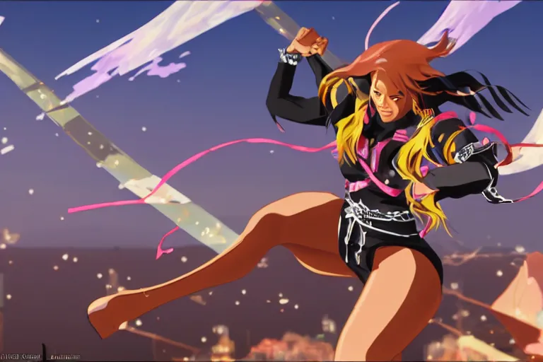 Image similar to beyonce dressed as a ninja riding a crystal horse on a harlem rooftop, highly detailed, 4k resolution, lighting, anime scenery by Makoto shinkai