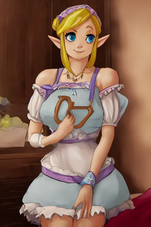 Prompt: Zelda in a maid costume sits on the bed and is shy