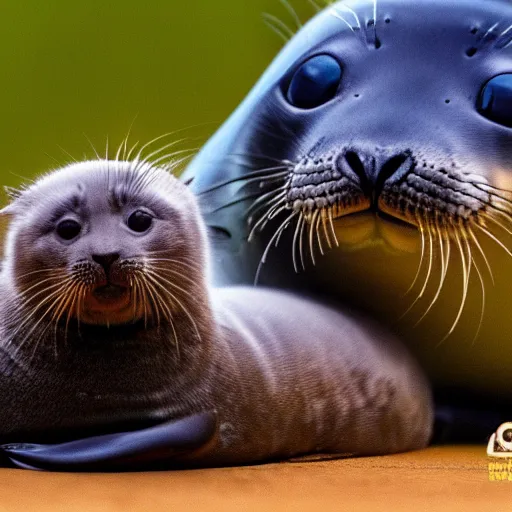 Prompt: national geographic photograph of a seal with a kitten