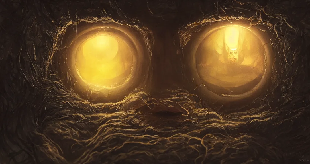 Image similar to an eye inside a mouth of a child with pointed teeth and glowing yellow eyes, nightmare, dark, h. p. lovecraft, portrait, intricate, detailed, volumetric lighting, scenery, digital painting, highly detailed, artstation, sharp focus, illustration, concept art, art by artgerm and greg rutkowski