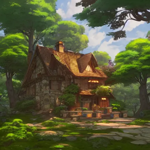 Prompt: beautiful house on a forest path, beautiful ancient trees, hiding large treasure chest, serene evening atmosphere, soft lens, soft light, cel - shading, animation, in the style of cgsociety, deviantart, artstation, zbrush, cinema 4 d, studio ghibli, akihiko yoshida, atelier lulua, masamune shirow, mcbess