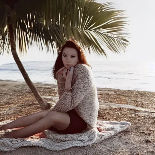 Prompt: a woman in her twenties wearing two cardigans over a knit sweater, shivering with her arms crossed tight, sitting in a lounge chair on a tropical beach in the summer, 2018, trending on instagram, photorealistic, 4k, 8k