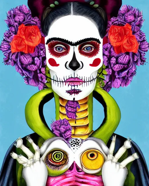 Prompt: a surrealistic head and shoulder painting of a gorgeous female skeleton with cat eyeballs and lipstick and hoodie, in the style of frida kahlo, digital art, detailed masterpiece