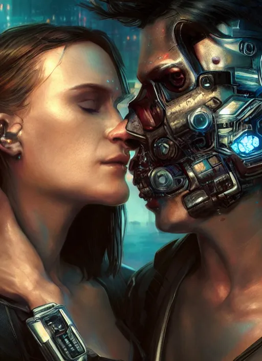 Image similar to cyberpunk, sci - fi, fantasy, ultra realistic close - up of a couple of cyborgs kissing, lovers, faces, led, unreal engine, octane render, soft light, night, highly detailed, digital painting, concept art, sharp focus, illustration, art by artgerm and greg rutkowski and alphonse mucha
