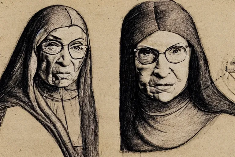 Prompt: technical sketches of ruth bader ginsburg by leonardo da vinci of a lancia 0 3 7