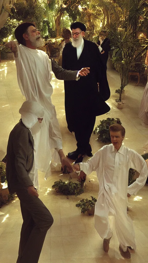 Image similar to ali khamenei dance with david bowie in botanical room by john singer sargent, cinematic, detailed