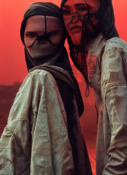 Image similar to cinestill 5 0 d photographic portrait by steve mccurry of two loving female androids wearing rugged black mesh techwear in a brutalist compound with a red sky, extreme closeup, cyberpunk style, dust storm, 8 k, hd, high resolution, 3 5 mm, f / 3 2, ultra realistic faces, ex machina