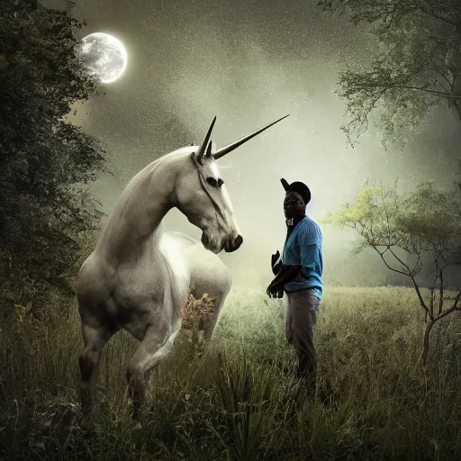 Prompt: close photo of morgan freeman riding an unicorn, in the middle of a forest, in the moonlight, night realism, 4 k, octane render, award winning photograph