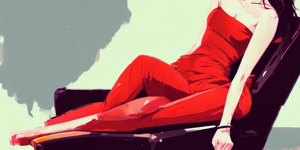 Image similar to a ultradetailed beautiful painting of a stylish woman sitting on a couch, by conrad roset, greg rutkowski and makoto shinkai trending on artstation