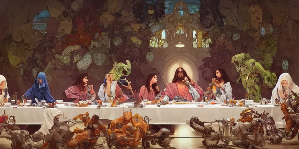 Image similar to the last supper of robots. highly detailed, digital painting, artstation, concept art, smooth, sharp focus, illustration, art by artgerm and greg rutkowski and alphonse mucha and loish and wlop