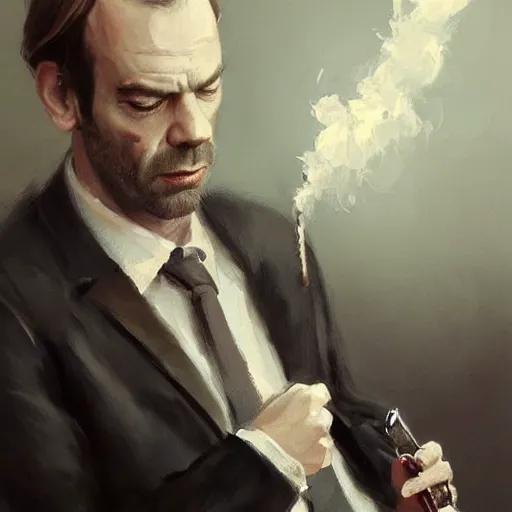 Young Hugo Weaving in a suit smoking a cigar with a, Stable Diffusion
